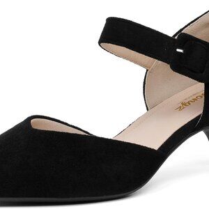 Black Suede Kitten Heels Women Pointed Closed Toe Ankle Strap Dress Shoes
